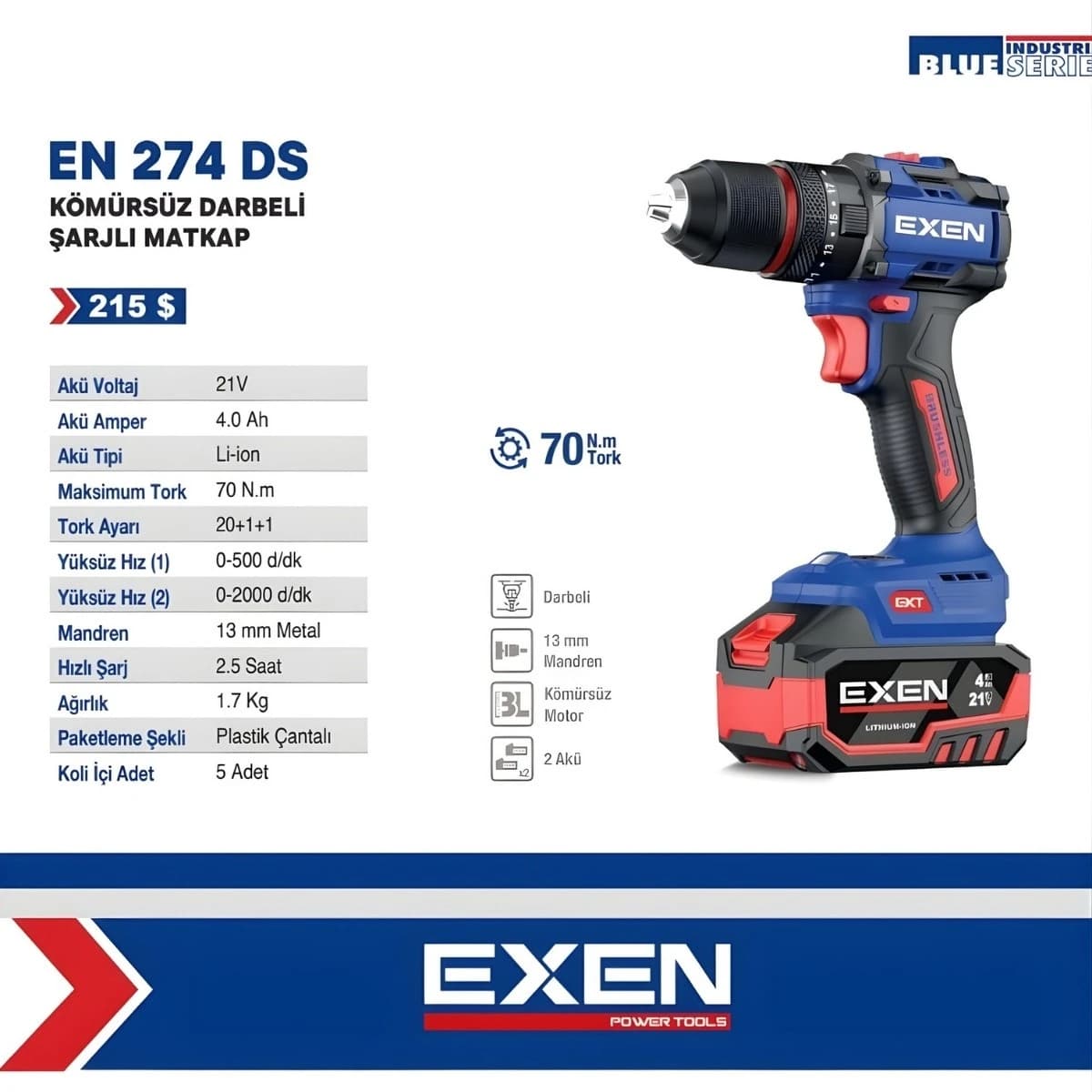 EXEN EN 274 DS - 21V 4Ah 70N.m Kömürsüz Darbeli Şarjlı Matkap