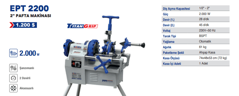 EXEN EPT 2400 1/2 - 4" 2000W Tezgah Tipi Pafta Makinası