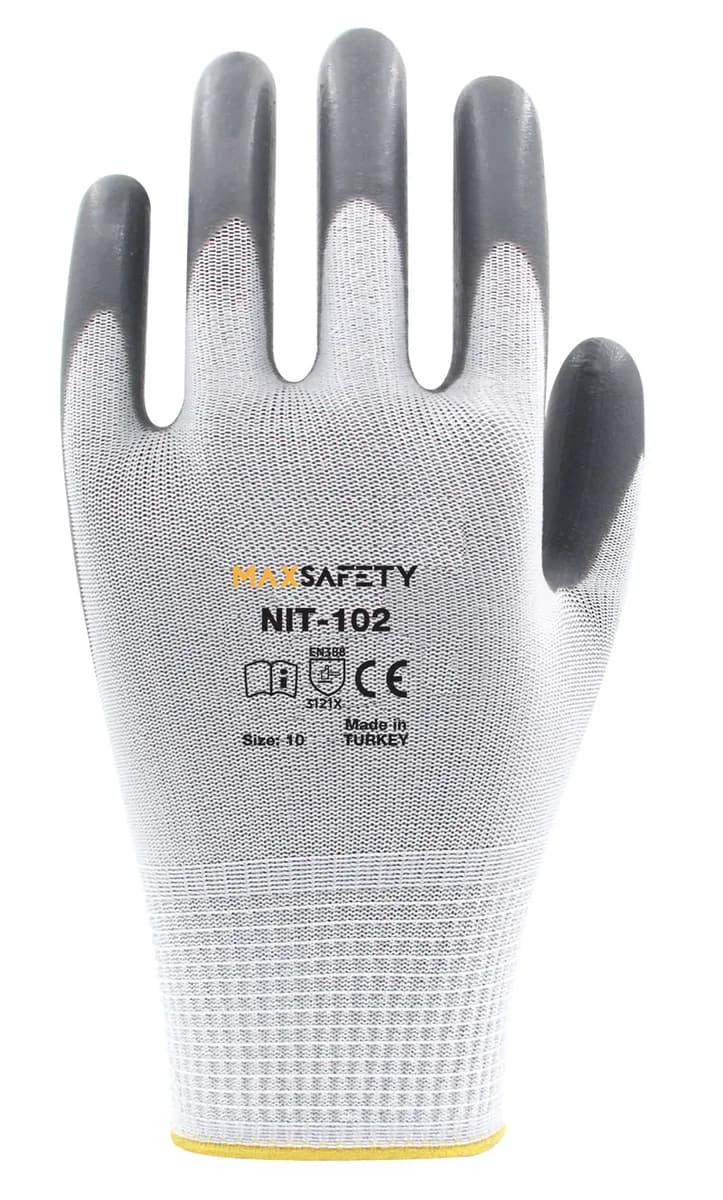 Max Safety NIT-102-10 Nitril Kaplı Eldiven (Gri - Beyaz) No: 8 - 9 - 10