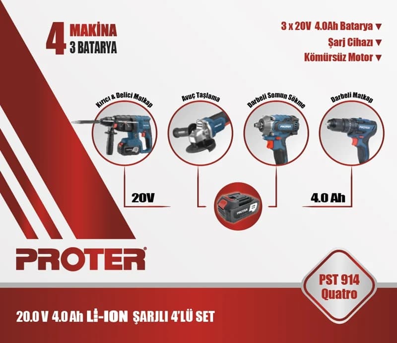 PROTER PST 914 QUATRO 4.0Ah 20V Li-ion Pil Kömürsüz Şarjlı (Dörtlü Makina Set)