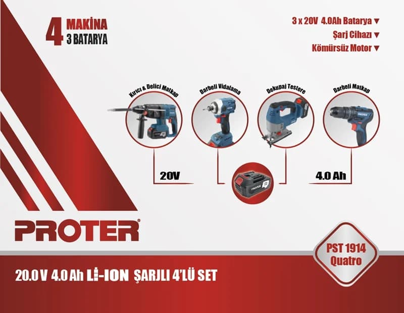 PROTER PST 1914 QUATRO 4.0Ah 20V Li-ion Pil Kömürsüz Şarjlı (Dörtlü Makina Set)