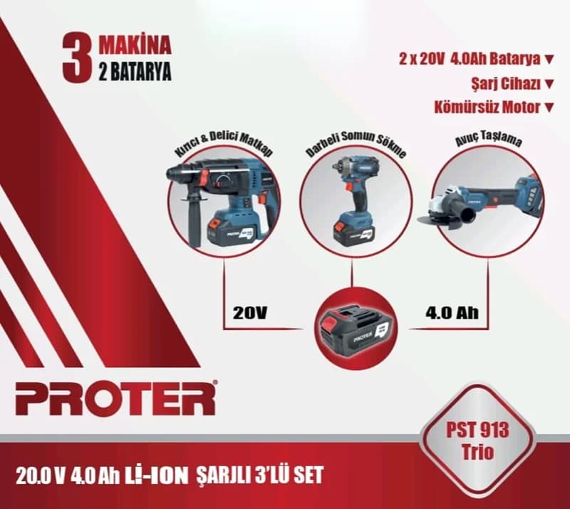PROTER PST 913 TRİO 4.0Ah 20V Li-ion Pil Kömürsüz Şarjlı (Üçlü Makina Set)