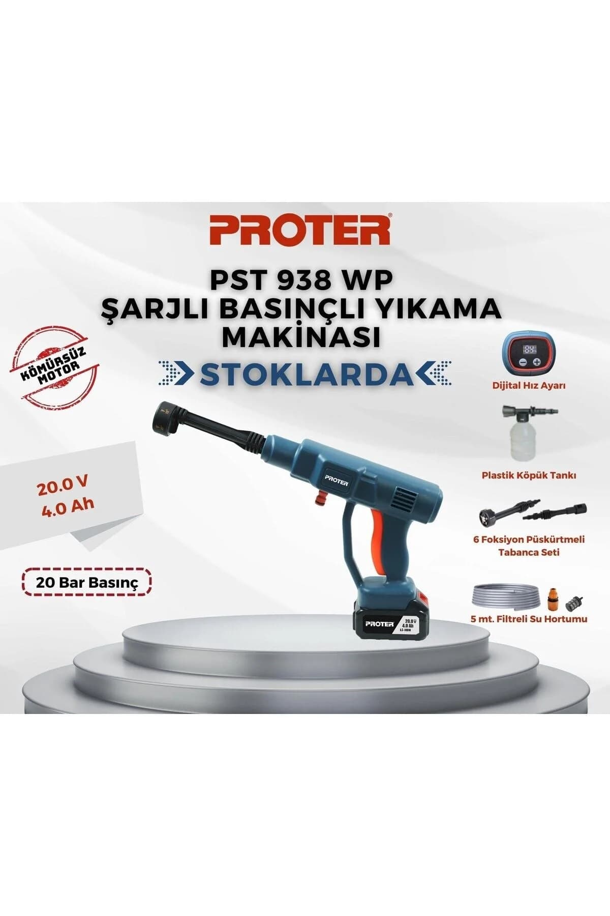 PROTER PST 938 WP 4.0 Ah 20 V Li-ion Pil Max.20 Bar Şarjlı Oto Yıkama