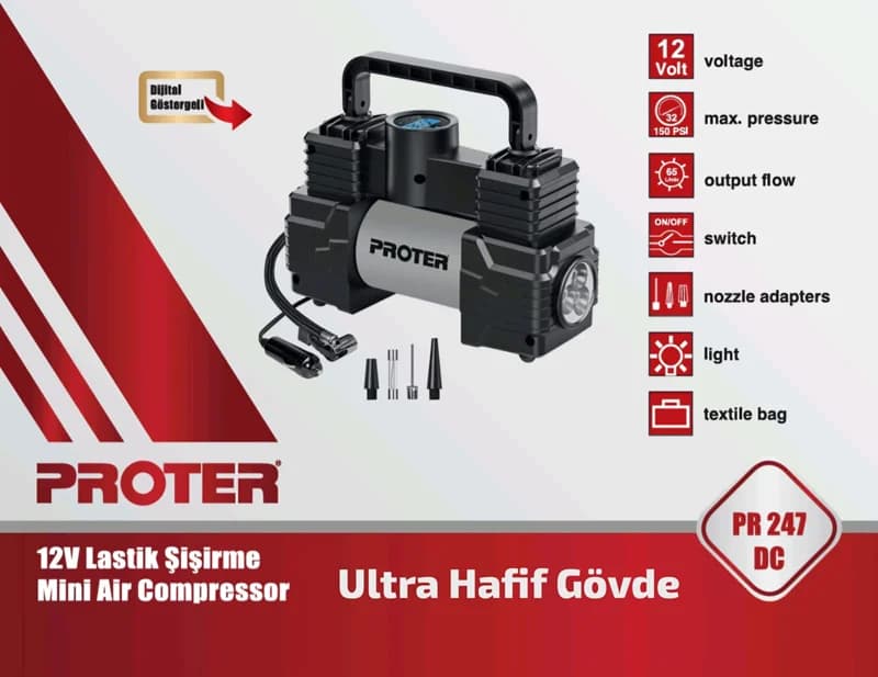 PROTER PR 247 DC 12 V 150 PSI Hava Db 35 lt / dk Lastik Şişirme