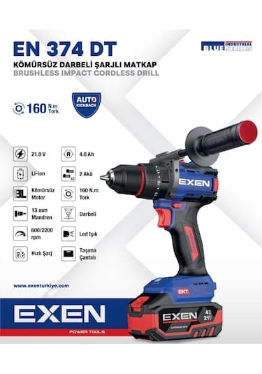 EXEN EN 376 DT - 21V 6Ah 160N.m Kömürsüz Darbeli Şarjlı Matkap