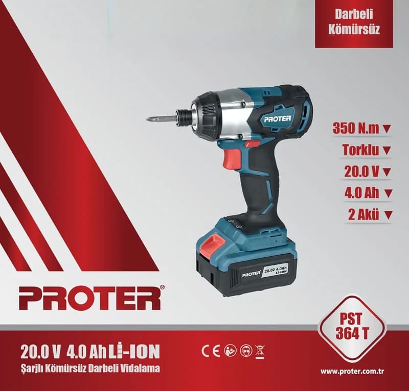 PROTER PST 364 T 4.0 Ah 20 V Li-ion Pil 350N.m Tork Darbeli Kömürsüz Vidalama